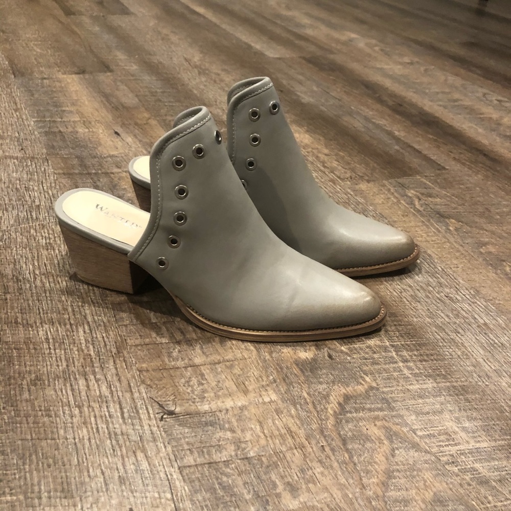 Gray Block Heel Mules Size 7 1/2
